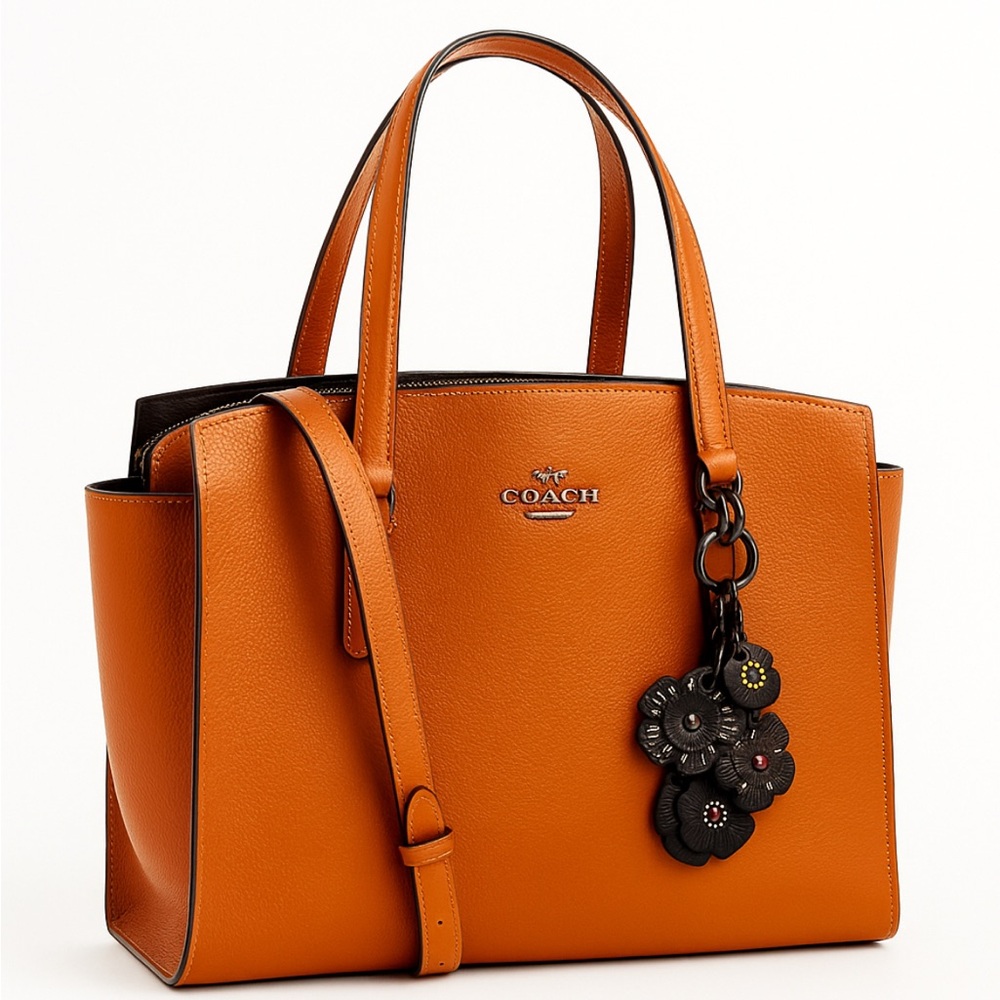 Coach Tatum Burnt Orange with Adjustable Strap and Tea Rose Motifs Mix Charm